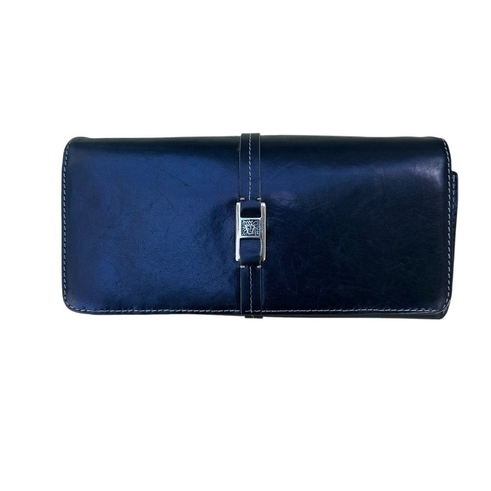 Anne Klein Womens Black Leather Clutch Wallet Organizer Zip Pocket Snap Closure